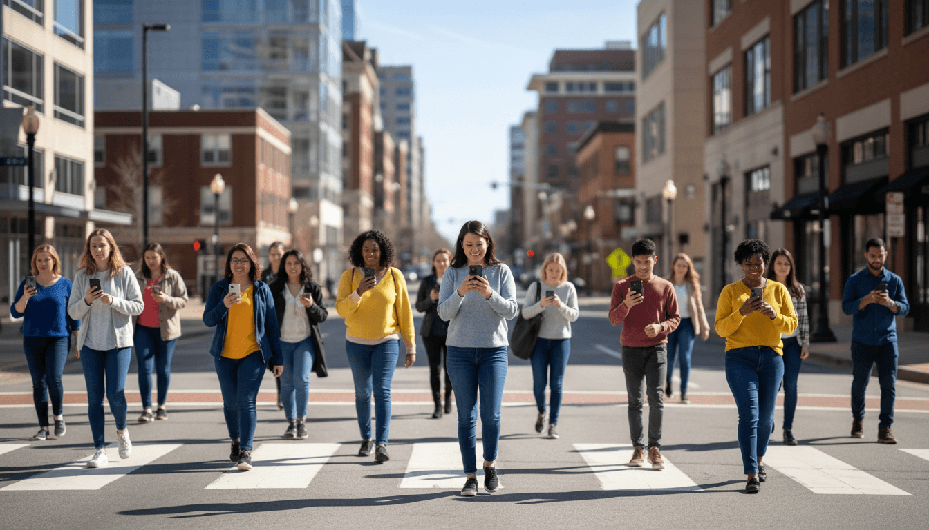 Diverse riders and senders using Elo Xpress on mobile devices in a vibrant Columbia streetscape