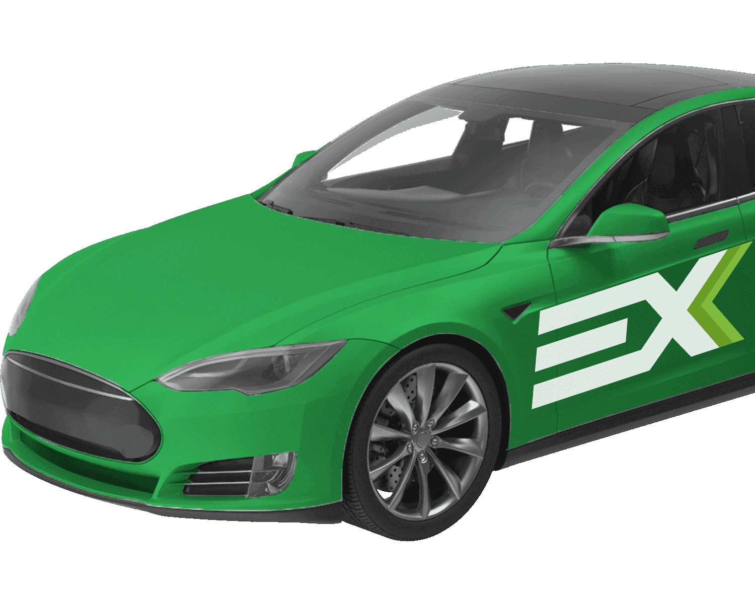 Green Tesla Model S featuring a large white EX logo on the driver's side.