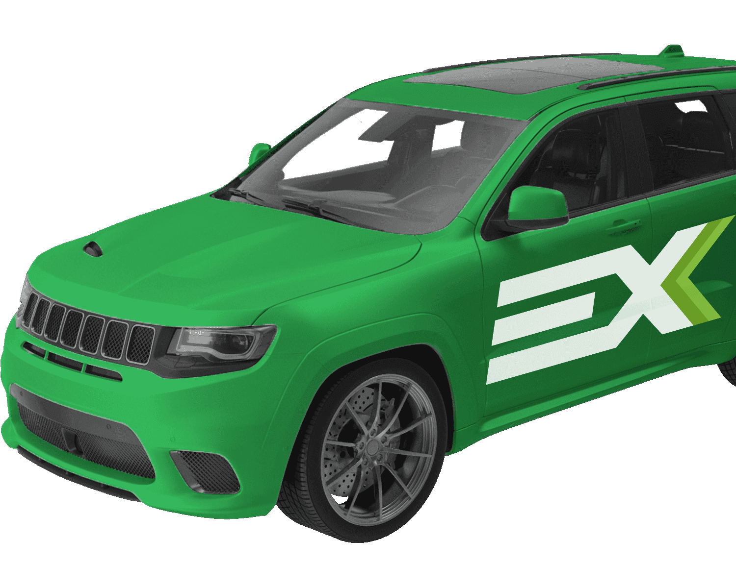 Vibrant green SUV featuring a large white and lime green EX logo on the side.