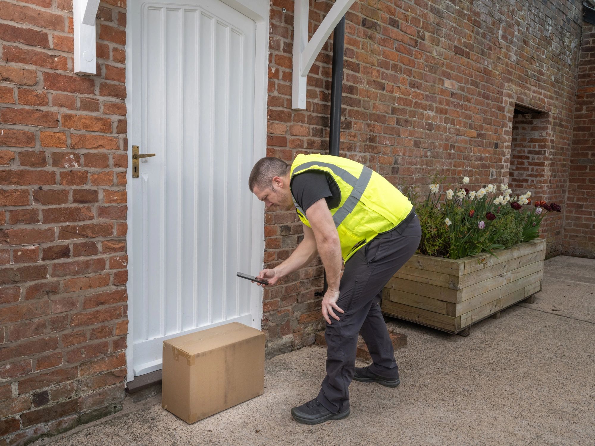 Courier delivering a package at a customer's doorstep